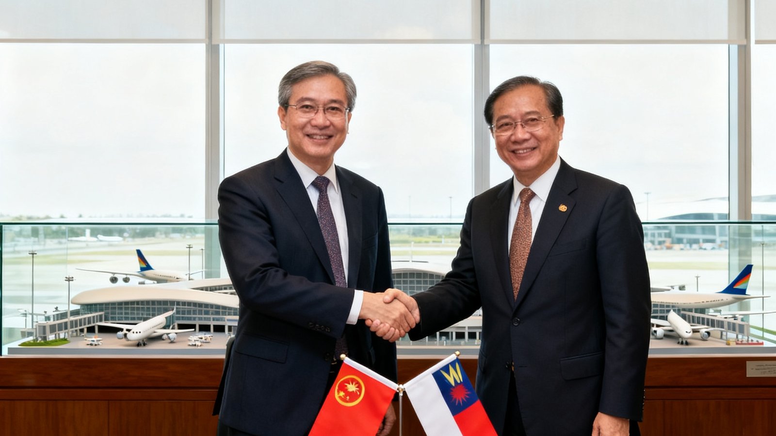 GBTJT集团代表与新加坡樟宜机场集团代表在明亮的会议室内握手合影，桌上摆放着合作备忘录草案和两国小国旗，背景是樟宜机场的航站楼模型展示柜。