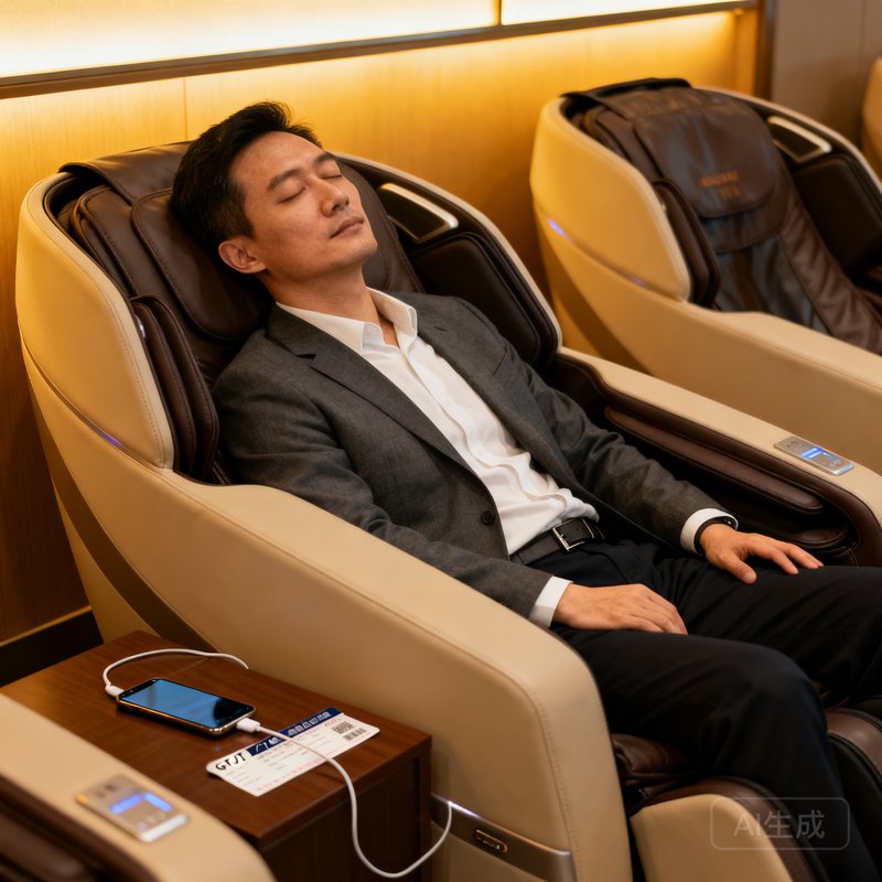 一位35岁左右的年轻企业家，休闲商务装扮，在GBTJT广州白云机场贵宾厅的按摩椅上放松，闭目养神，旁边小桌上放着已连接充电的手机和登机牌，环境安静舒适。